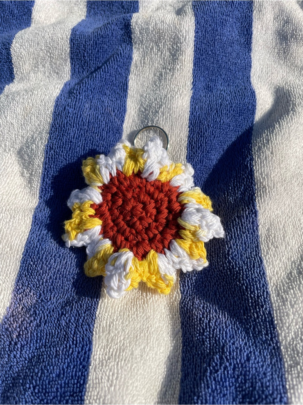 Handmade Crocheted Sunflower Keychain - Red, Yellow, White